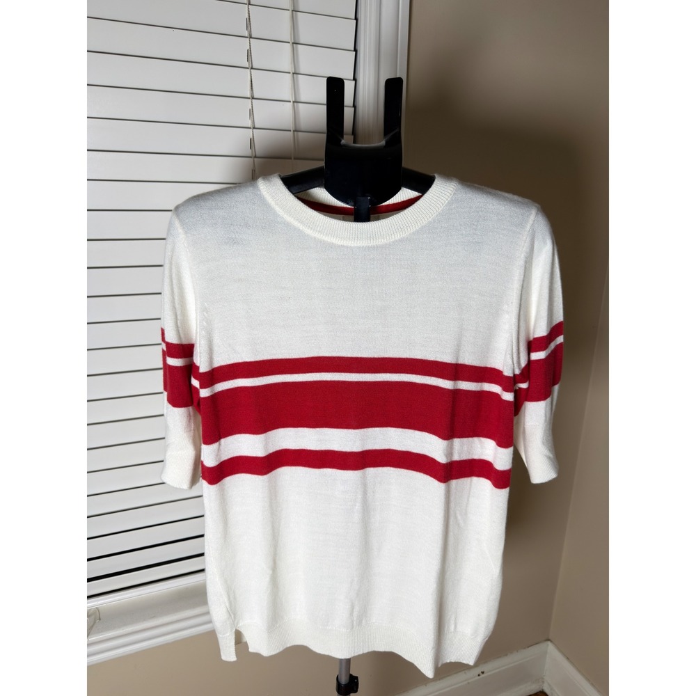 Mer Sea Women XL Short Sleeve Sweater Cream Red Striped Crew Neck Knit Top